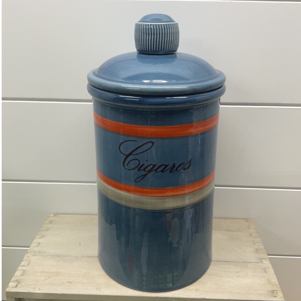 Vintage Baldelli Italy Blue Striped Ceramic Cigares Humidor Jar Canister Lid